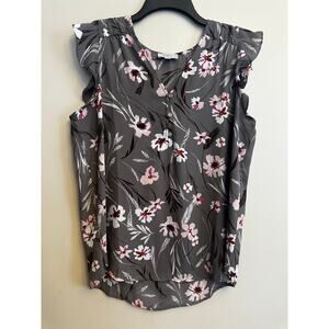 LOFT Floral Flutter Sleeve Blouse Gray Pink Medium